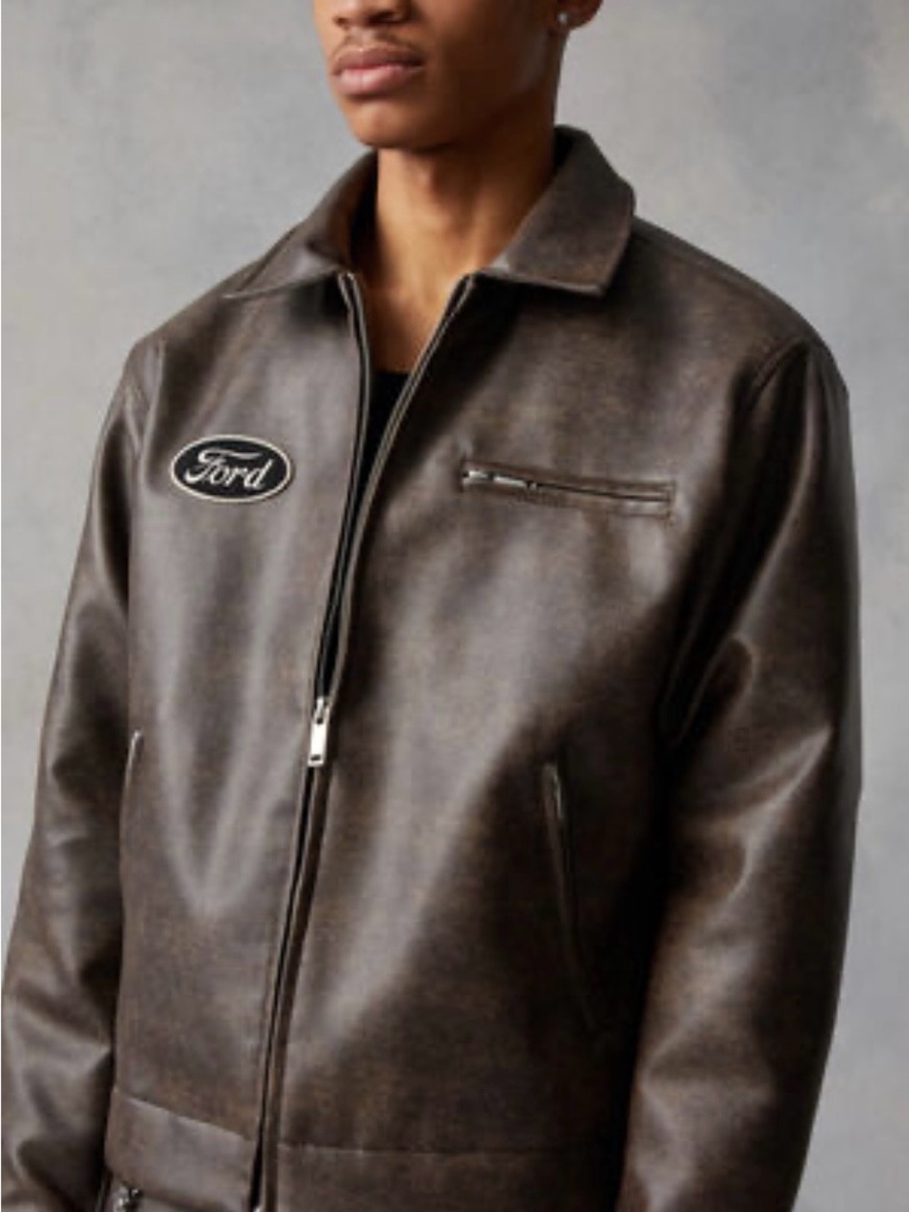 NWOT Ford Brown Faux Leather Bomber Jacket with Chest Zip Pocket
